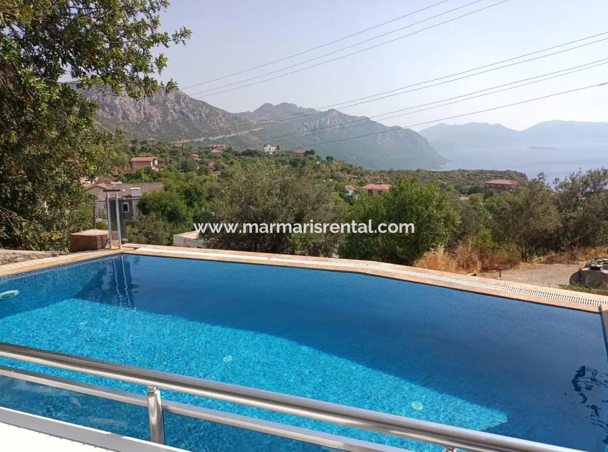 Villa For Sale In Marmaris Söğüt Village, With Magnificent Sea View, Swimming Pool, Parking, 3 Rooms, 1 Living Room, Garden, 200M2 Usage Area